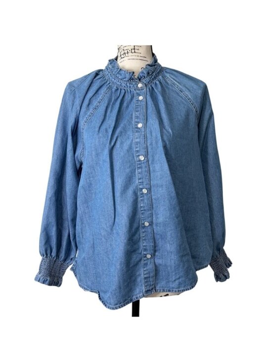 Veronica Beard Tops - Veronica Beard Womens Size L Calisto Chambray Top Ruffle-Neck Button-Up Blue